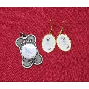 Vintage 90s Laura Rogers Dog Print Earrings & Dog Tag Pendant - Maltese